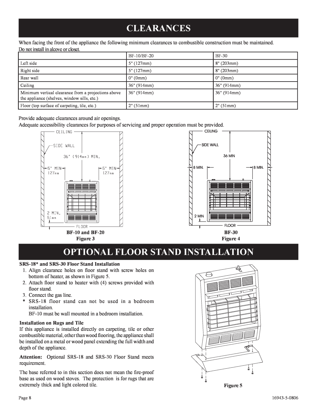 Empire Comfort Systems BF-10-2, BF-30-2, BF-20-2 Clearances, Optional Floor Stand Installation, BF-10and BF-20 
