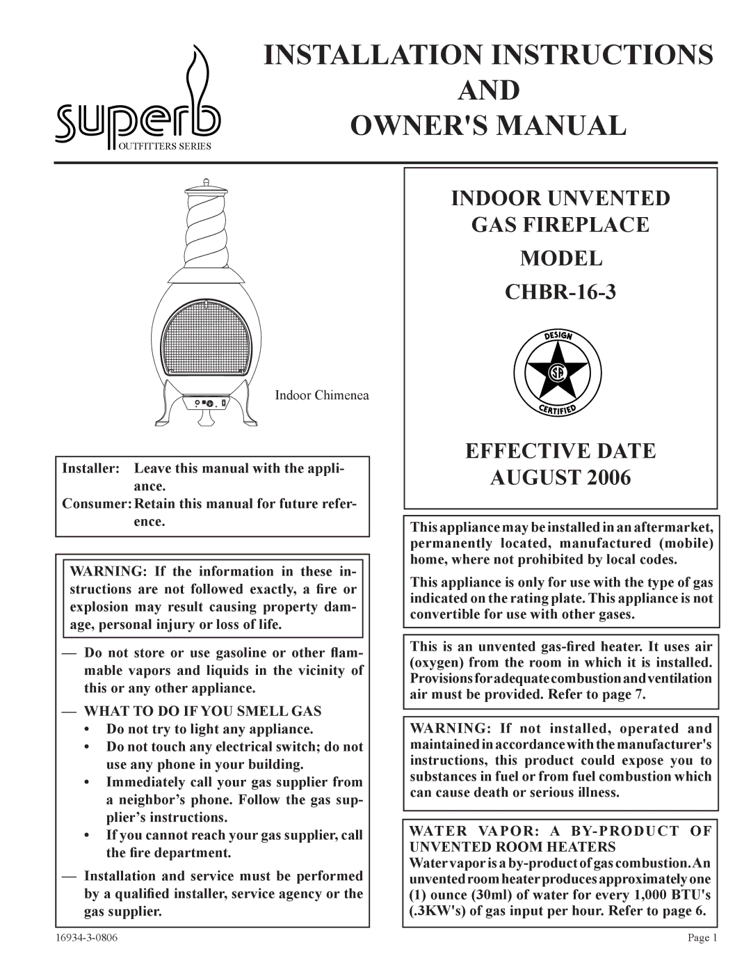 Empire Comfort Systems CHBR-16-3 installation instructions Installation Instructions 