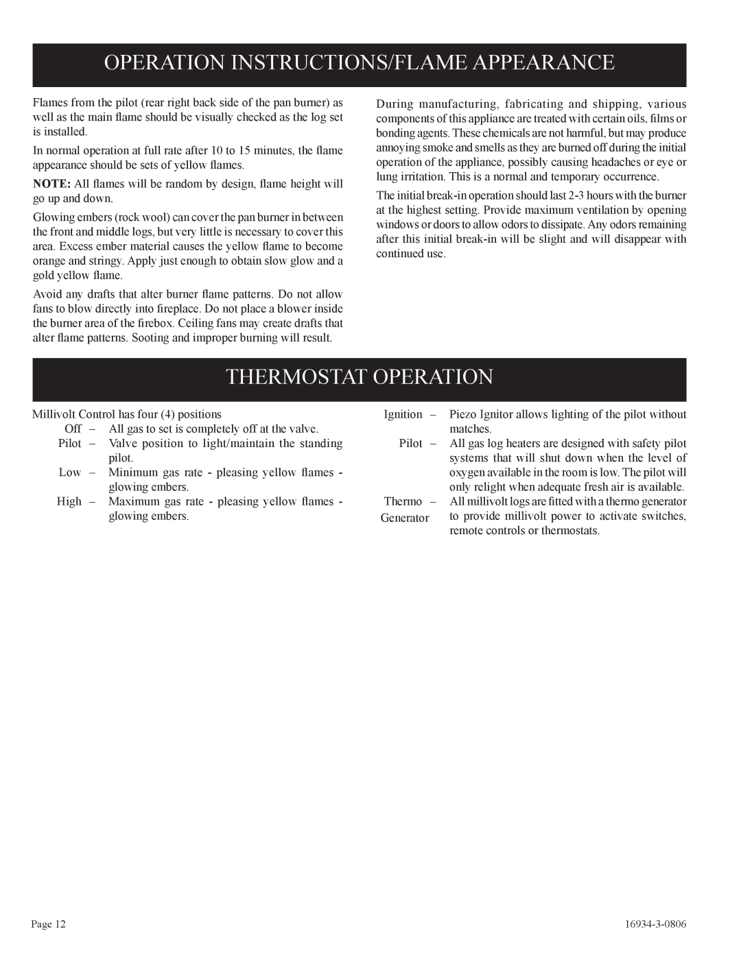 Empire Comfort Systems CHBR-16-3 installation instructions Operation INSTRUCTIONS/FLAME Appearance, Thermostat Operation 