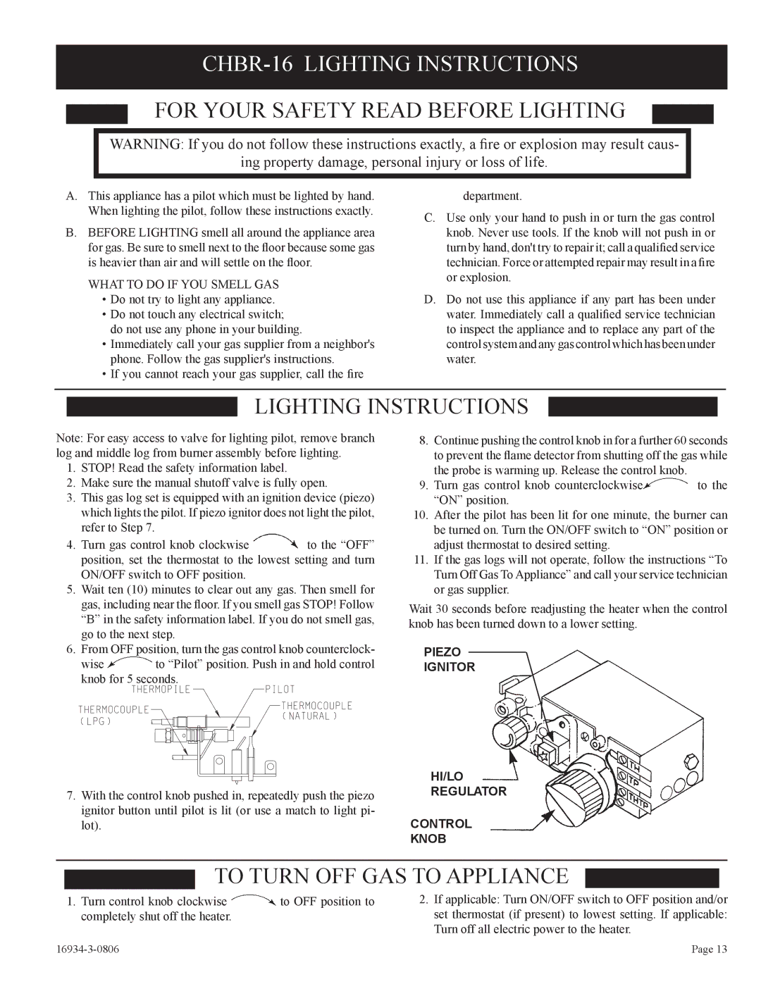 Empire Comfort Systems CHBR-16-3 CHBR-16 Lighting Instructions, For Your Safety Read Before Lighting 