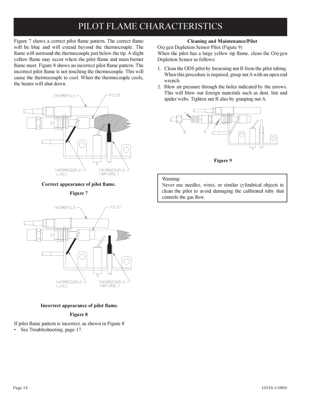 Empire Comfort Systems CHBR-16-3 installation instructions Pilot Flame Characteristics, Cleaning and Maintenance/Pilot 