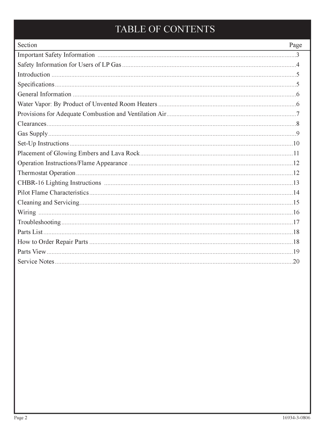 Empire Comfort Systems CHBR-16-3 installation instructions Table of Contents 