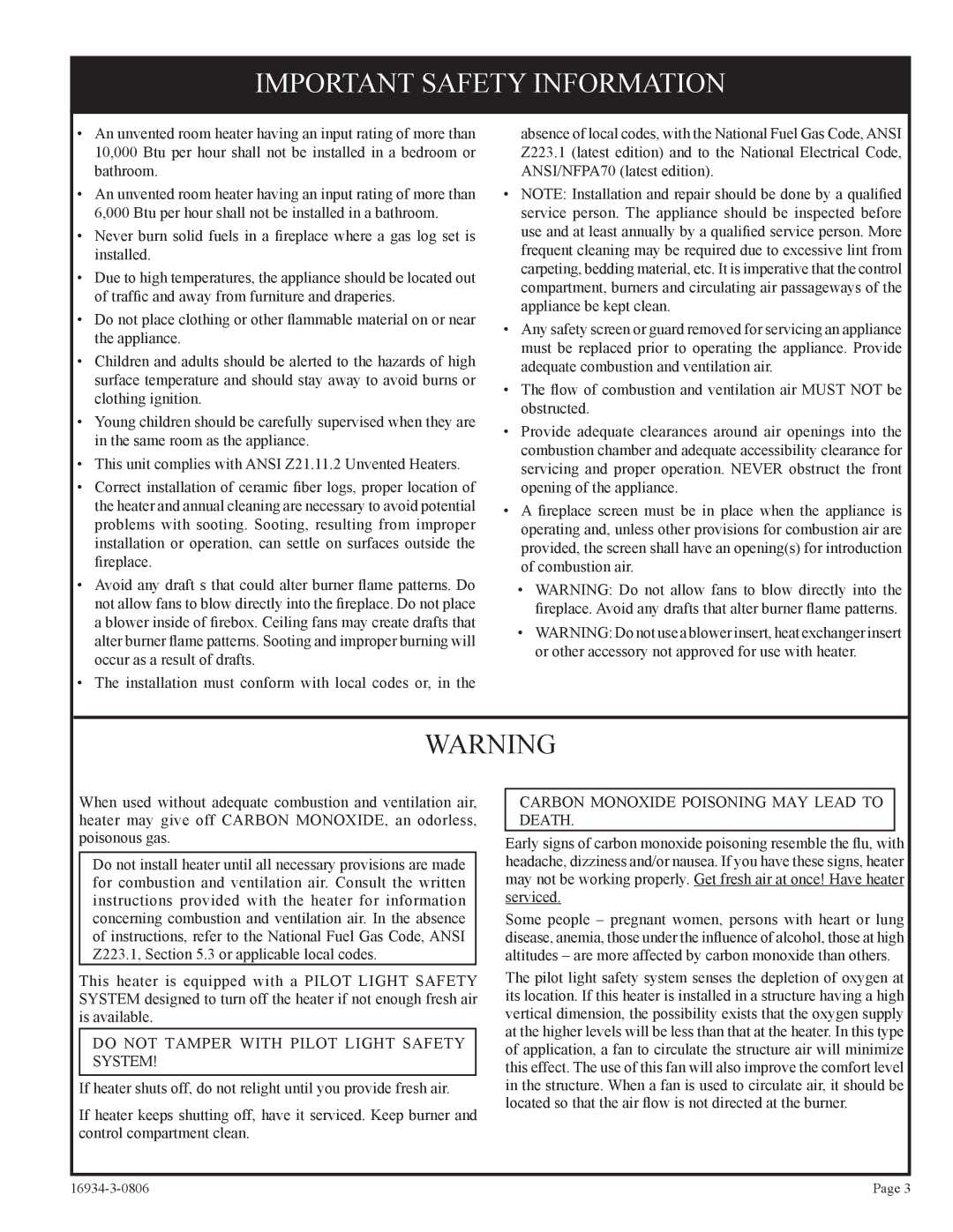 Empire Comfort Systems CHBR-16-3 Important Safety Information, Do not Tamper with Pilot Light Safety System 