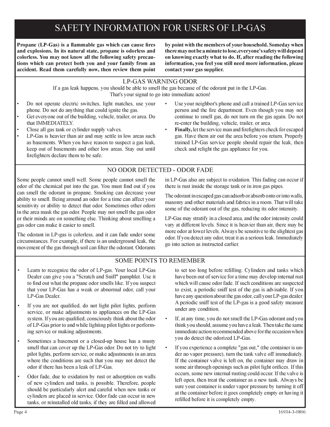 Empire Comfort Systems CHBR-16-3 installation instructions Safety Information for Users of LP-GAS, LP-GAS Warning Odor 