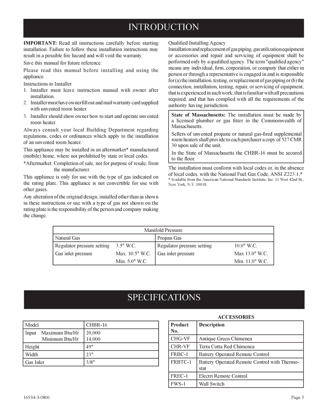 Empire Comfort Systems CHBR-16-3 installation instructions Introduction, Specifications, Product Description 