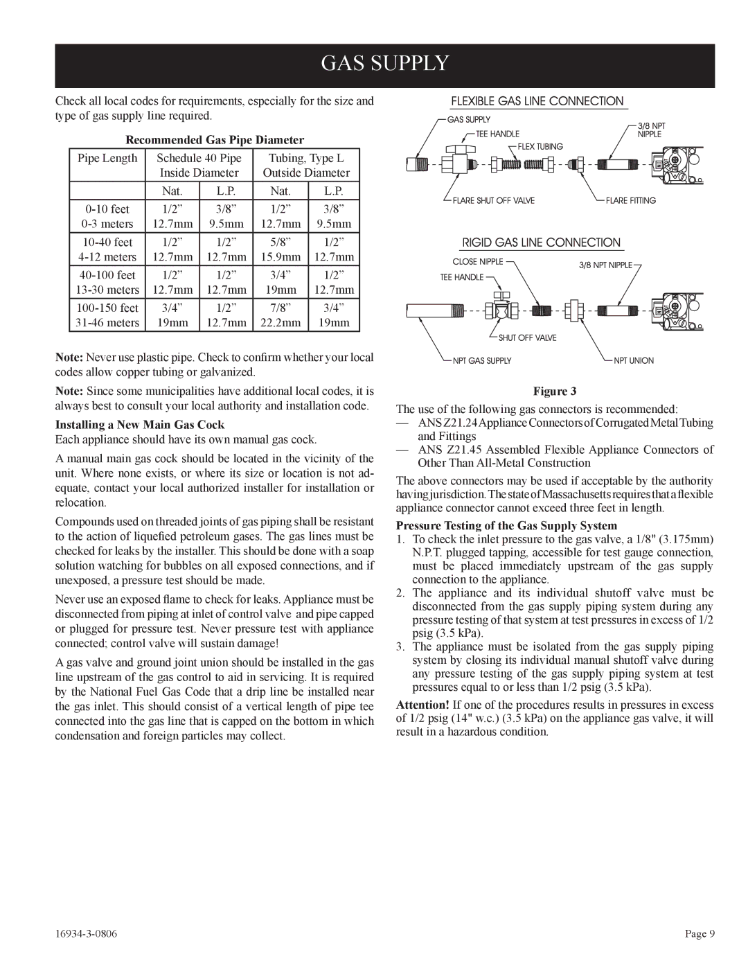 Empire Comfort Systems CHBR-16-3 GAS Supply, Recommended Gas Pipe Diameter, Installing a New Main Gas Cock 