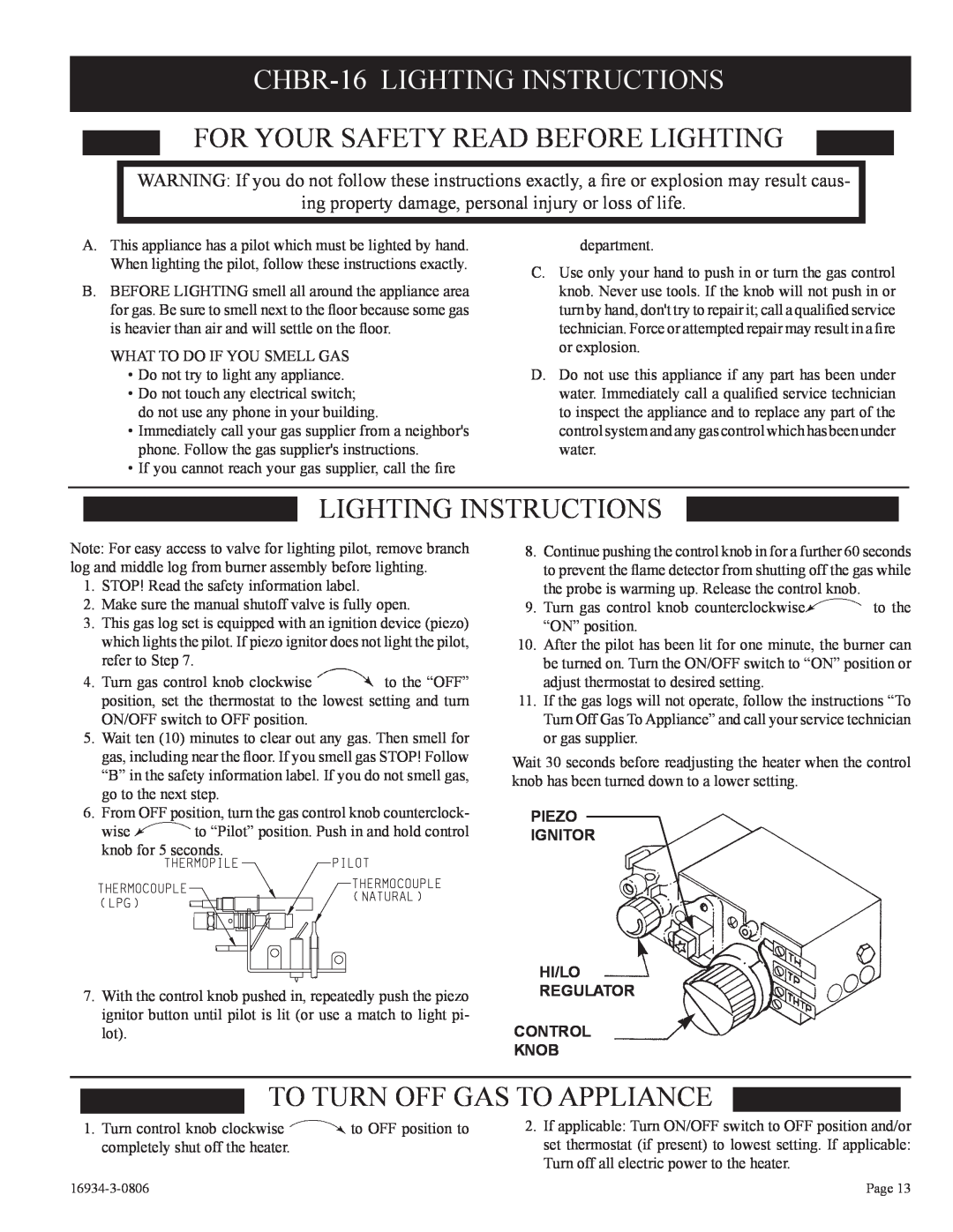 Empire Comfort Systems CHBR-16-3 CHBR-16LIGHTING INSTRUCTIONS, For Your Safety Read Before Lighting, Lighting Instructions 
