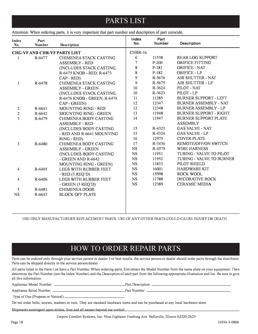 Empire Comfort Systems CHBR-16-3 Parts List, How To Order Repair Parts, Chg-Vfand Chr-Vfparts List 