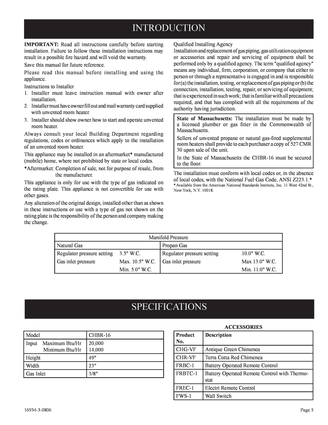 Empire Comfort Systems CHBR-16-3 installation instructions Introduction, Specifications, Accessories, Product, Description 