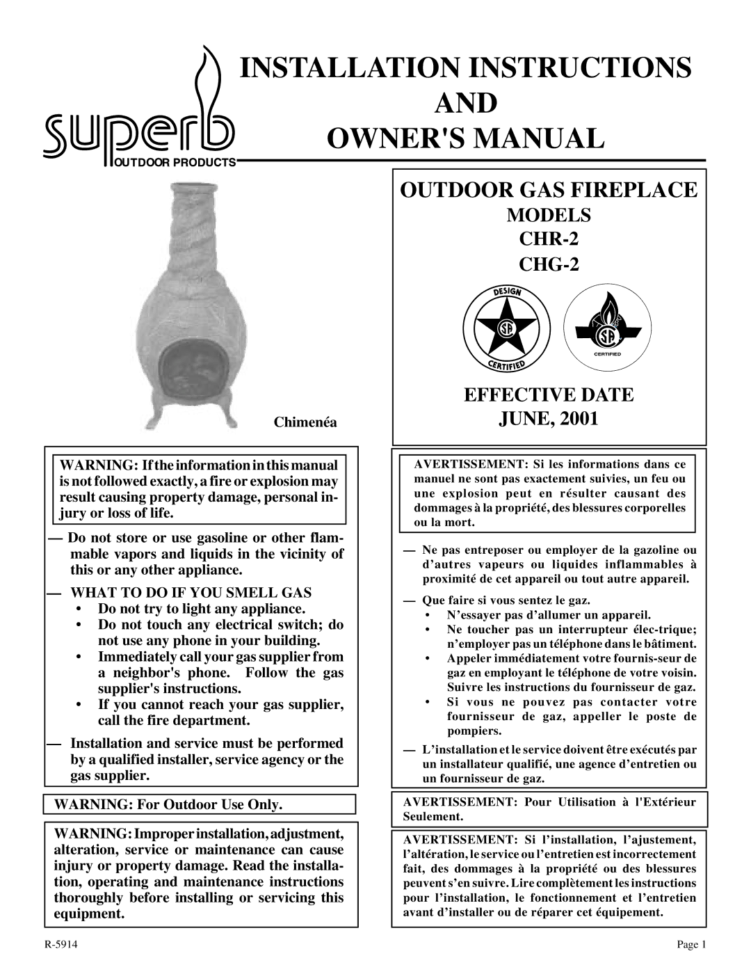 Empire Comfort Systems CHG, CHR installation instructions Installation Instructions, Outdoor GAS Fireplace 