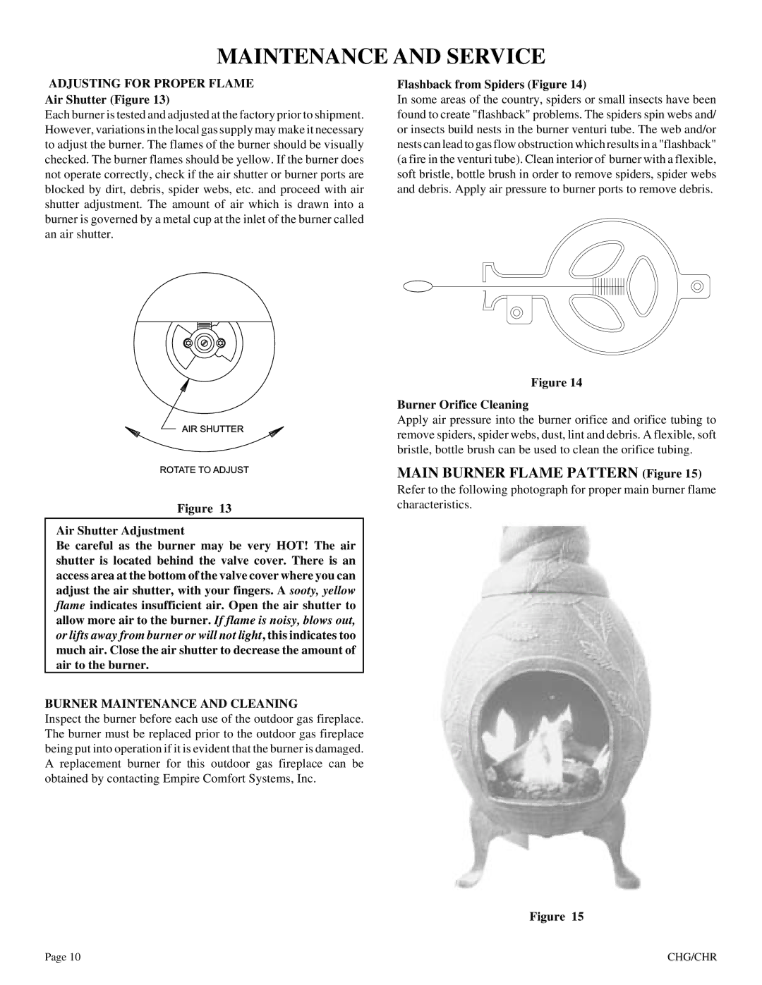 Empire Comfort Systems CHR, CHG Maintenance and Service, Adjusting for Proper Flame, Burner Maintenance and Cleaning 