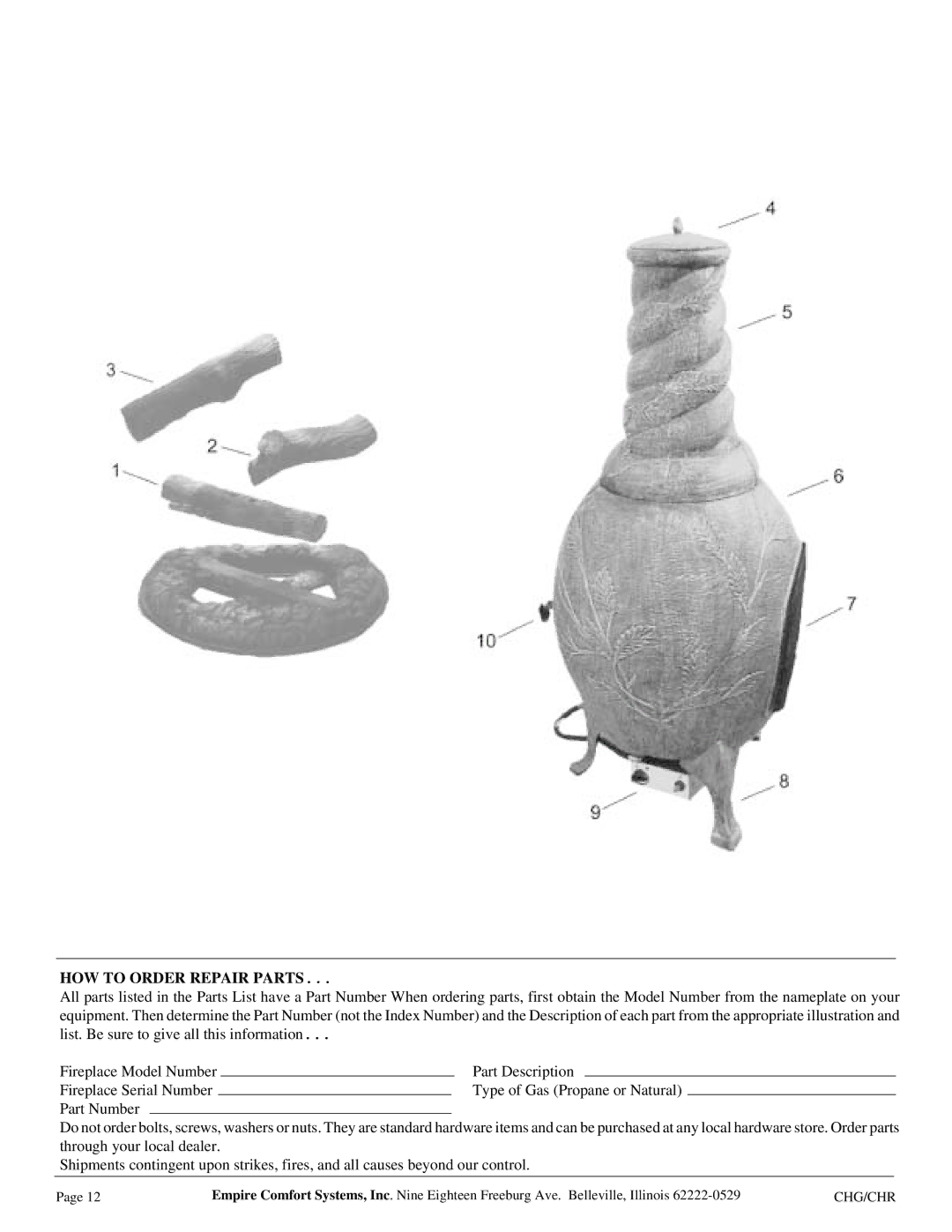 Empire Comfort Systems CHR, CHG installation instructions HOW to Order Repair Parts 