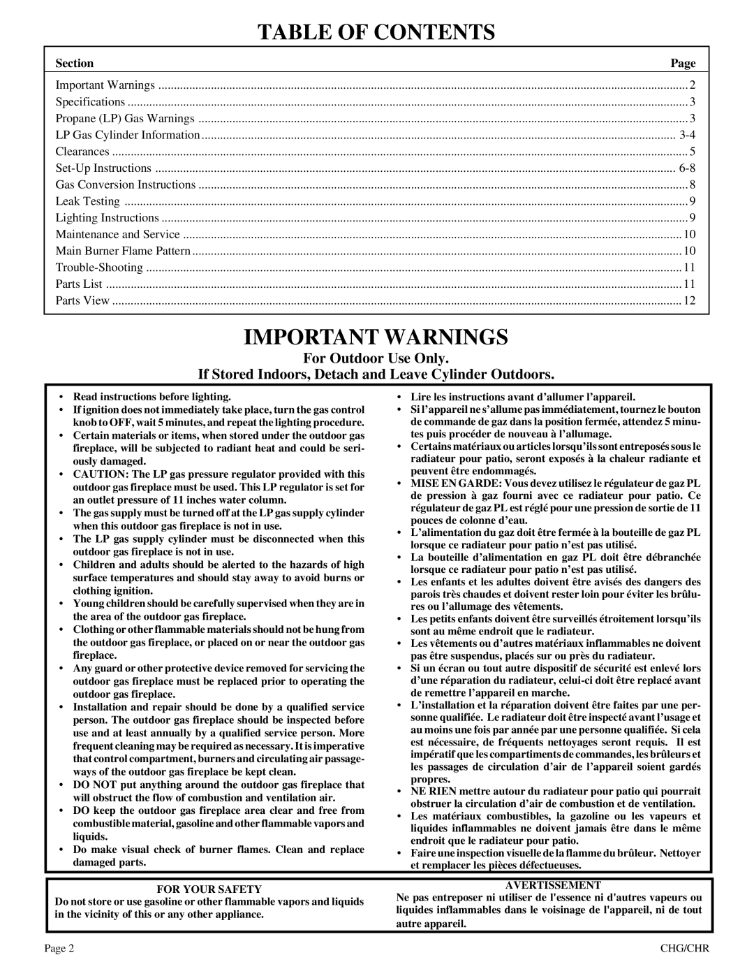 Empire Comfort Systems CHR, CHG installation instructions Table of Contents, Important Warnings 