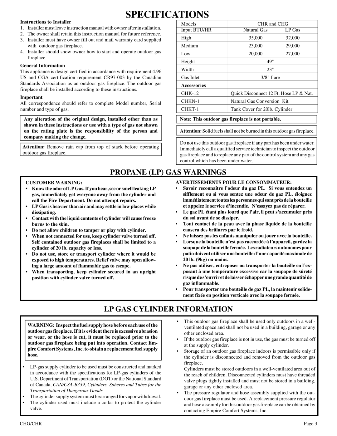 Empire Comfort Systems CHG, CHR installation instructions Specifications, Instructions to Installer 