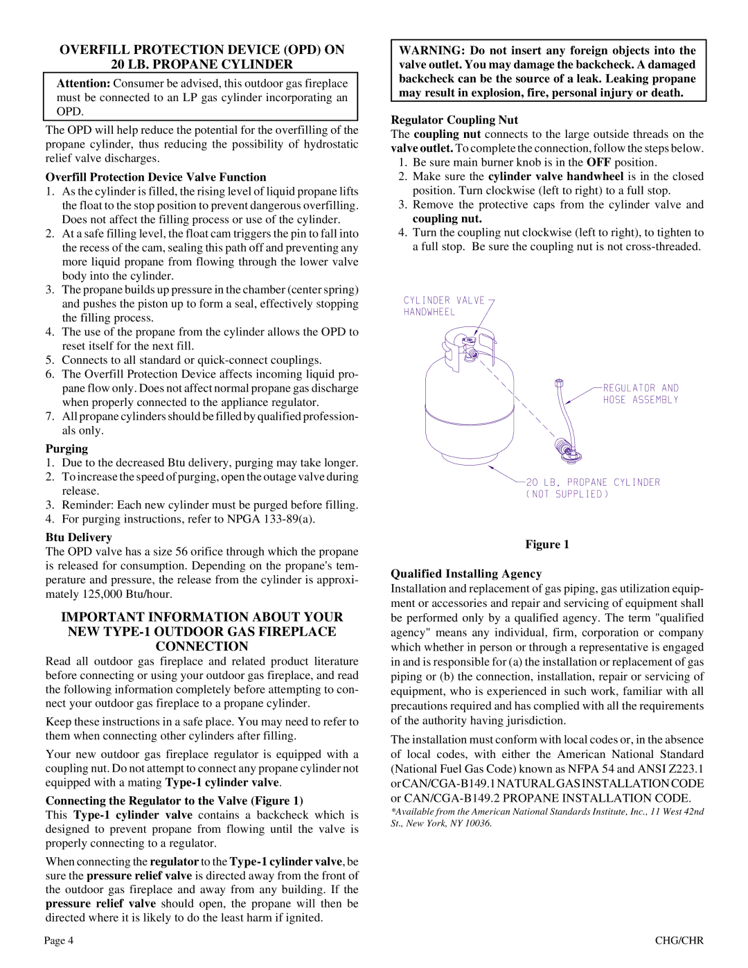 Empire Comfort Systems CHR, CHG installation instructions Overfill Protection Device OPD on 20 LB. Propane Cylinder 