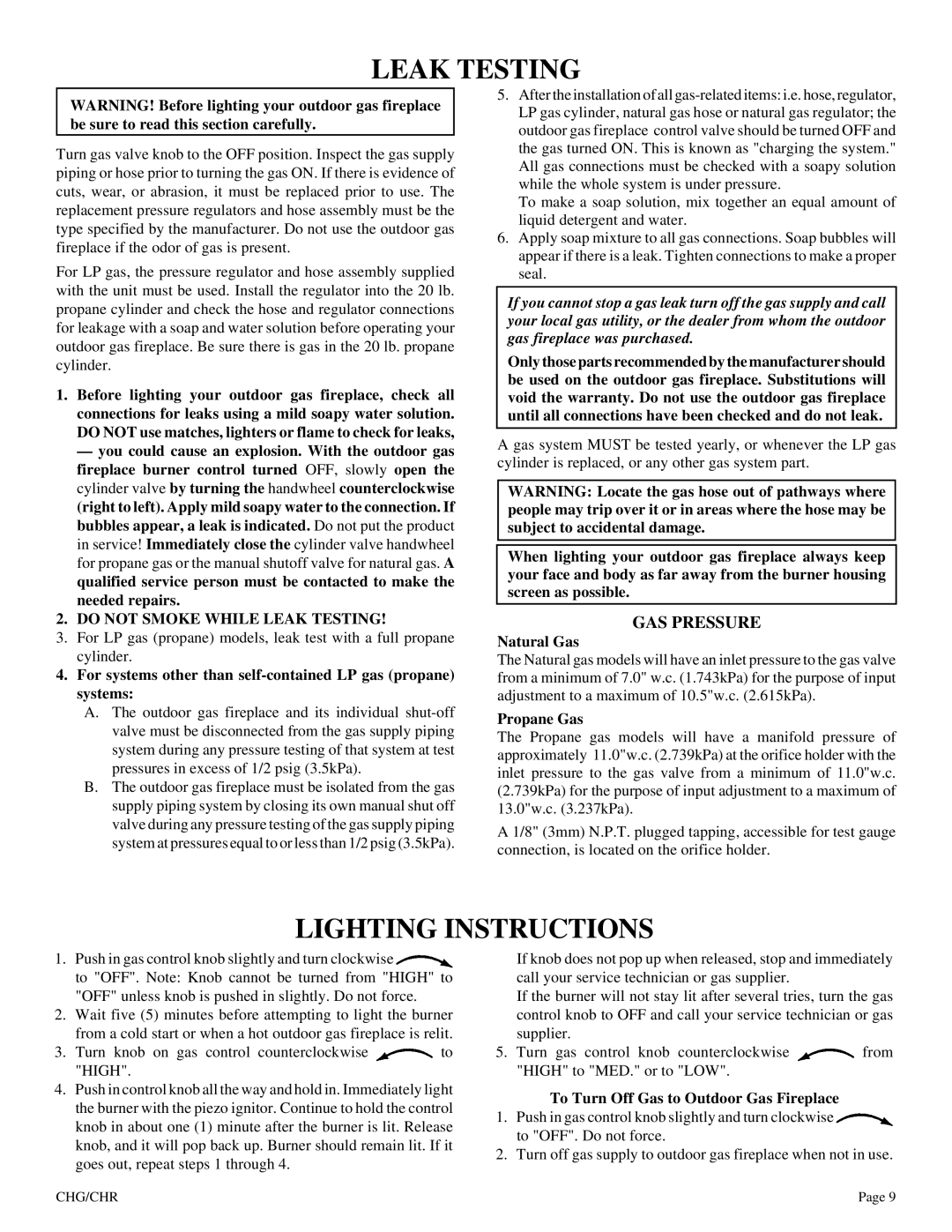 Empire Comfort Systems CHG, CHR Lighting Instructions, GAS Pressure, Do not Smoke While Leak Testing 