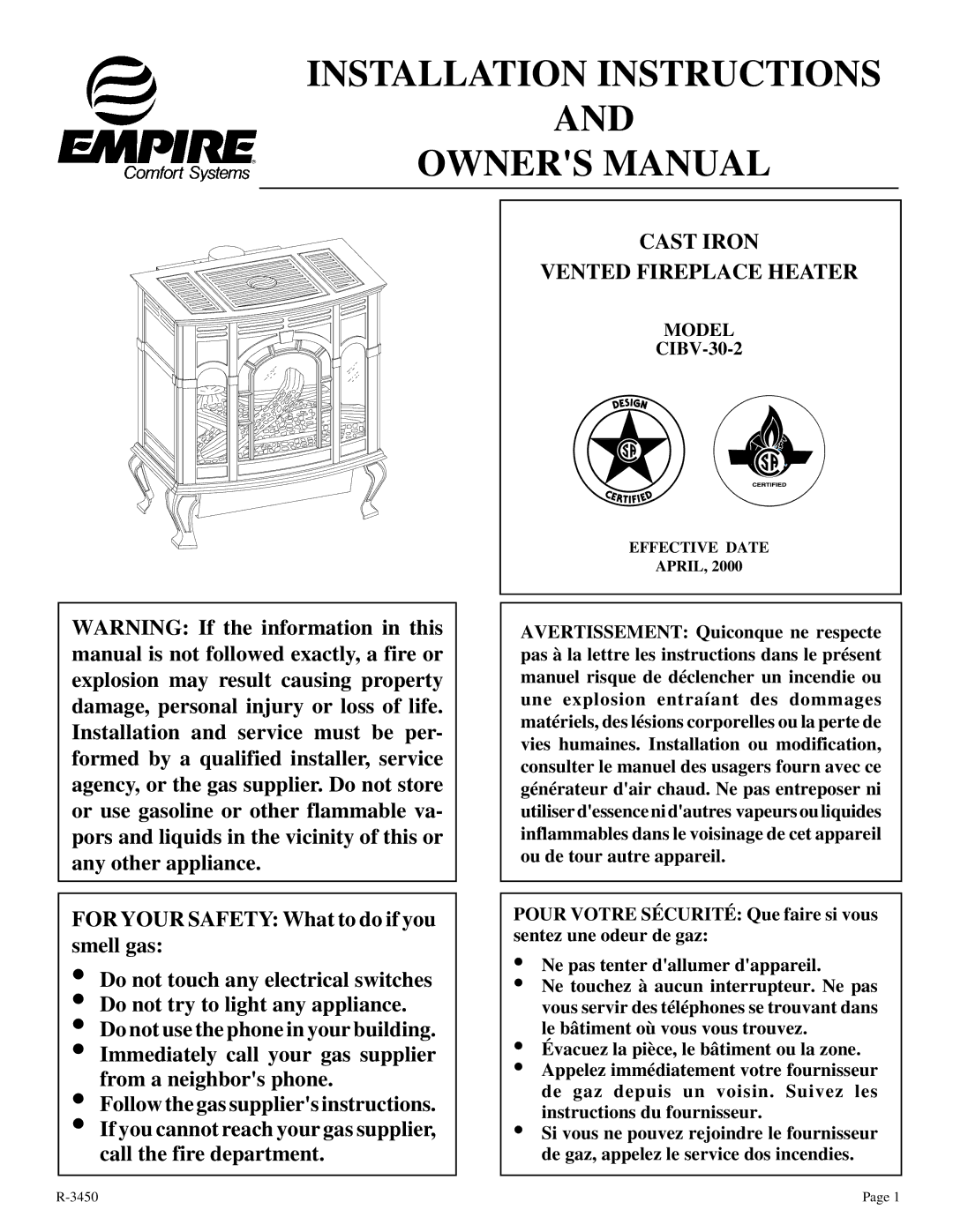 Empire Comfort Systems CIBV-30-2 installation instructions Installation Instructions, Cast Iron Vented Fireplace Heater 