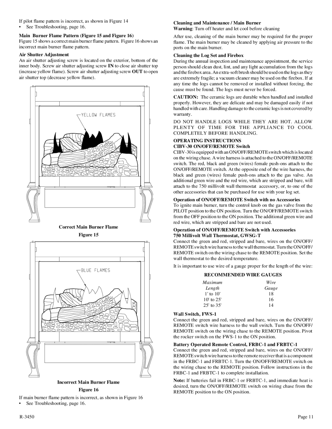 Empire Comfort Systems CIBV-30-2 Main Burner Flame Pattern and Figure, Air Shutter Adjustment, Wall Switch, FWS-1 