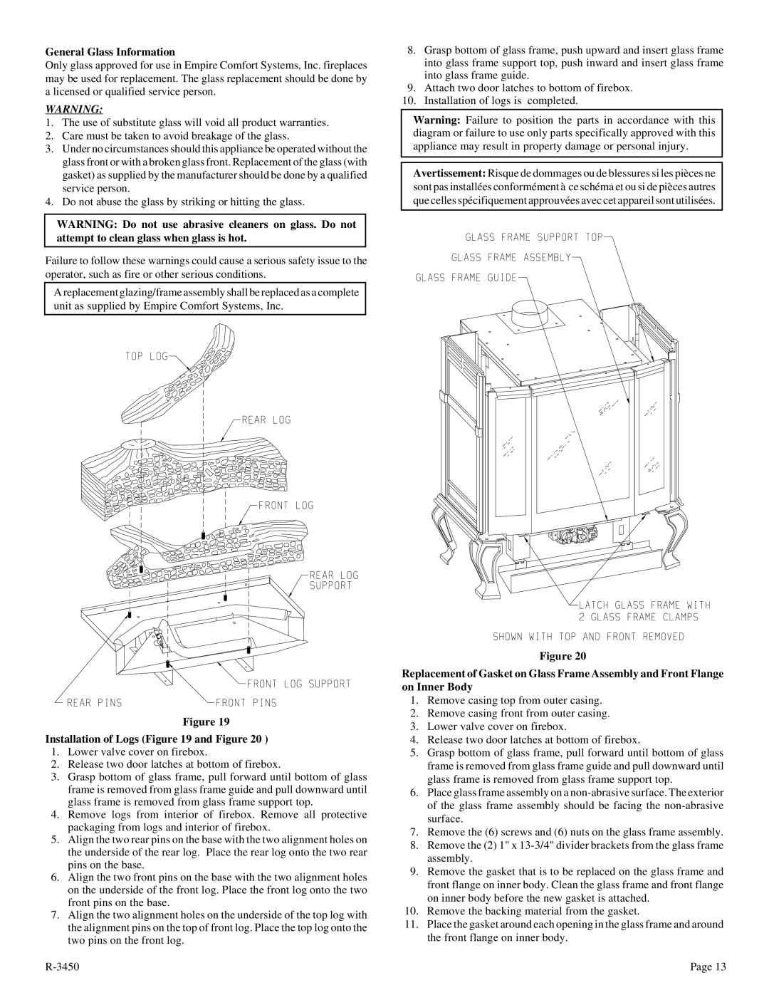 Empire Comfort Systems CIBV-30-2 installation instructions General Glass Information, Installation of Logs and Figure 