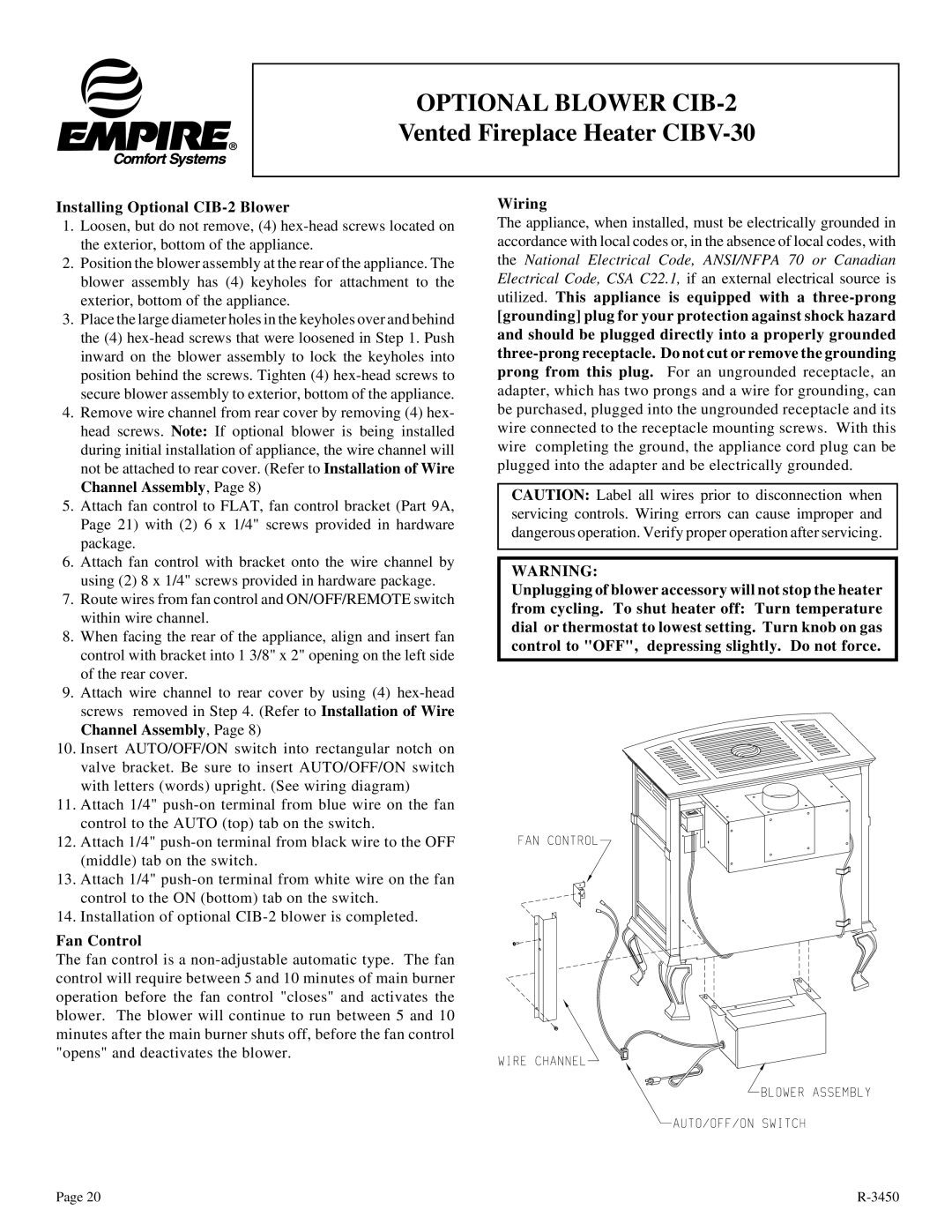 Empire Comfort Systems CIBV-30-2 installation instructions Optional Blower CIB-2 