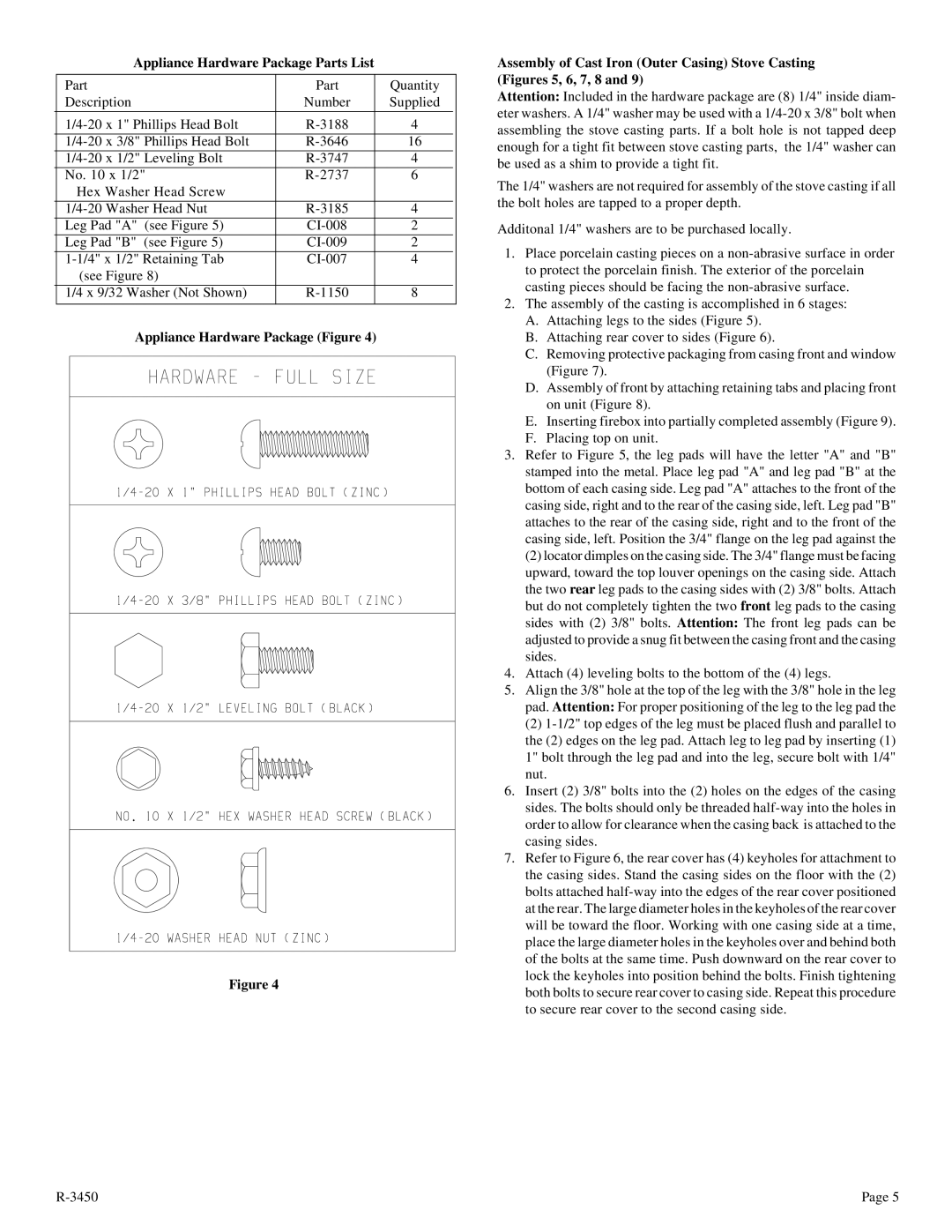 Empire Comfort Systems CIBV-30-2 installation instructions Appliance Hardware Package Parts List 