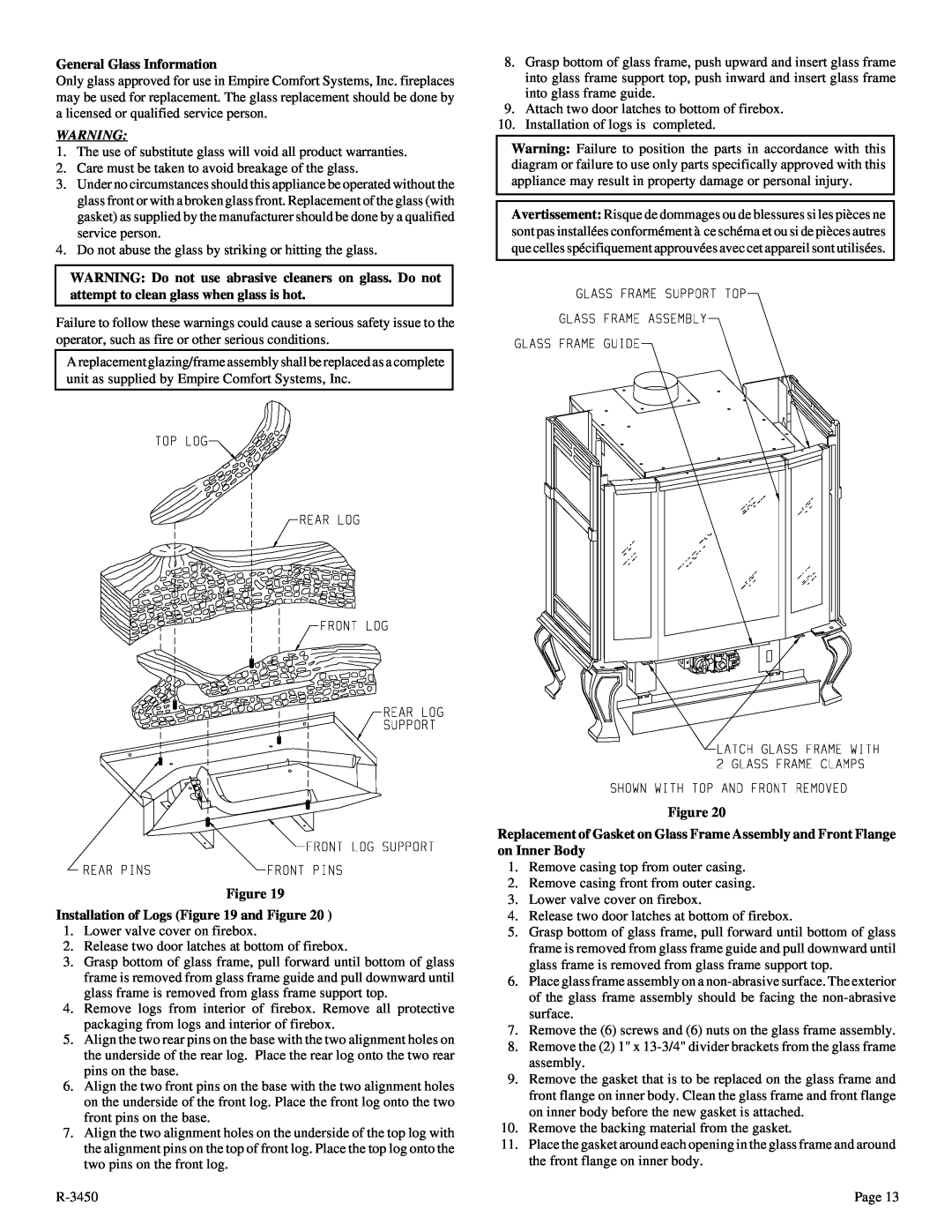 Empire Comfort Systems CIBV-30-2 General Glass Information, Figure Installation of Logs and Figure 