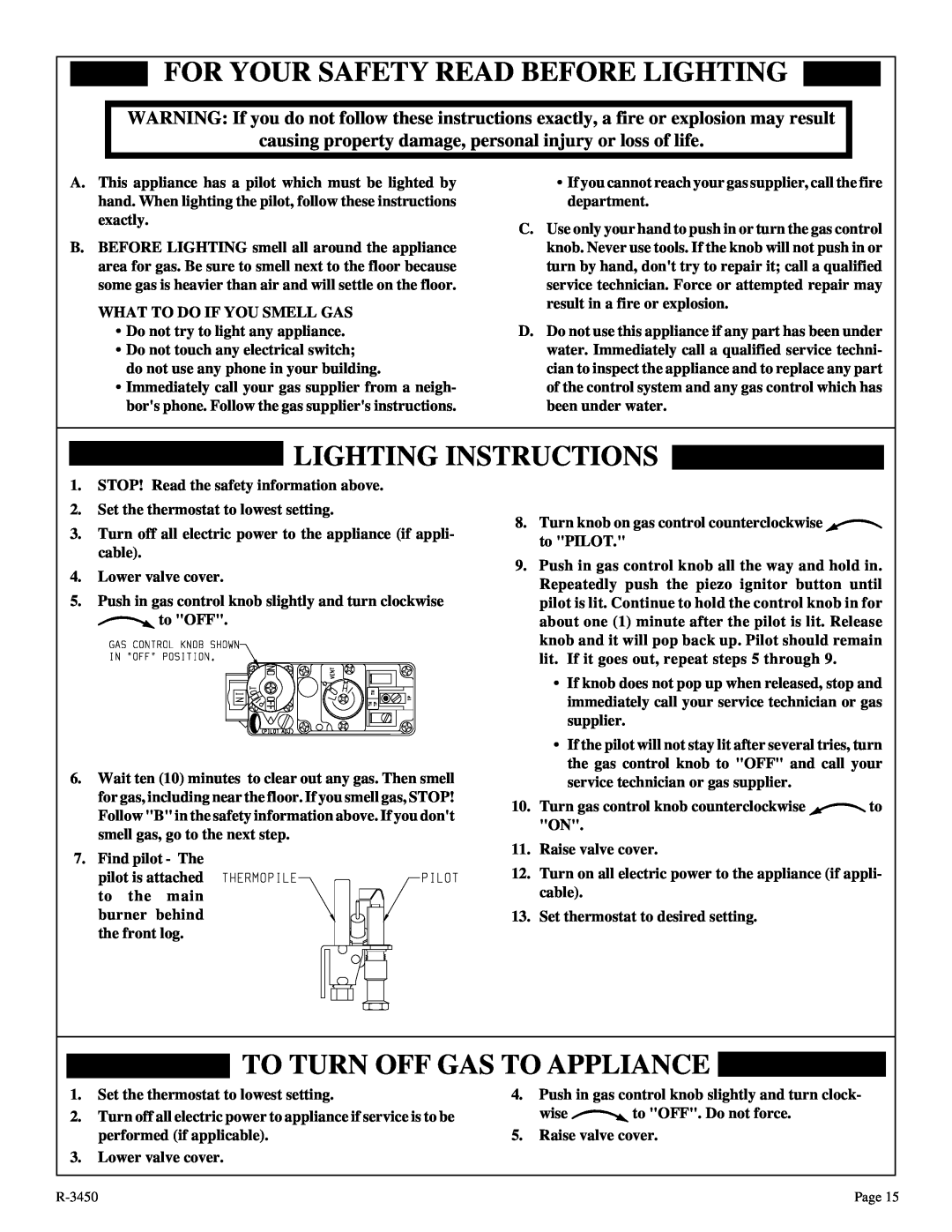 Empire Comfort Systems CIBV-30-2 For Your Safety Read Before Lighting, Lighting Instructions, To Turn Off Gas To Appliance 