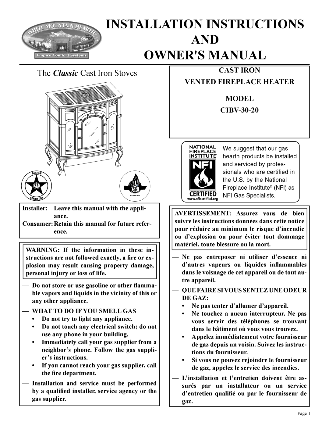 Empire Comfort Systems CIBV-30-20 installation instructions Installation Instructions 