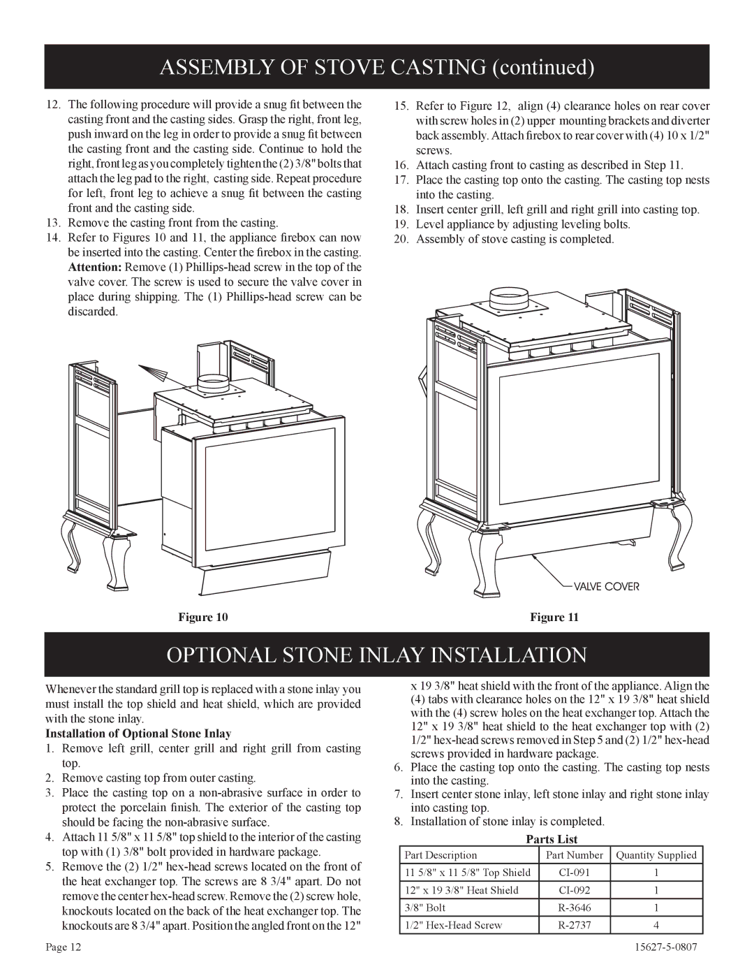 Empire Comfort Systems CIBV-30-20 Optional Stone Inlay Installation, Installation of Optional Stone Inlay, Parts List 