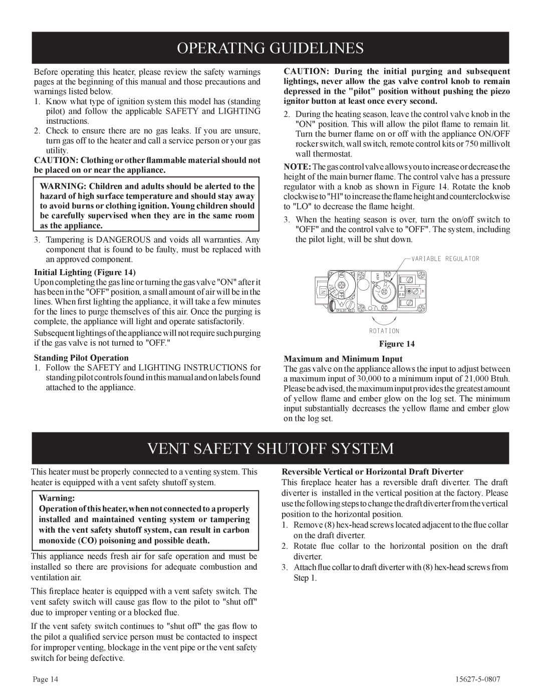 Empire Comfort Systems CIBV-30-20 installation instructions Operating Guidelines, Vent Safety Shutoff System 