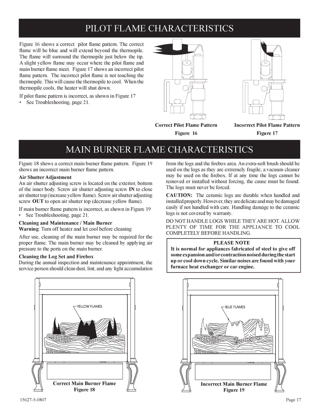 Empire Comfort Systems CIBV-30-20 Pilot Flame Characteristics, Main Burner Flame Characteristics, Air Shutter Adjustment 