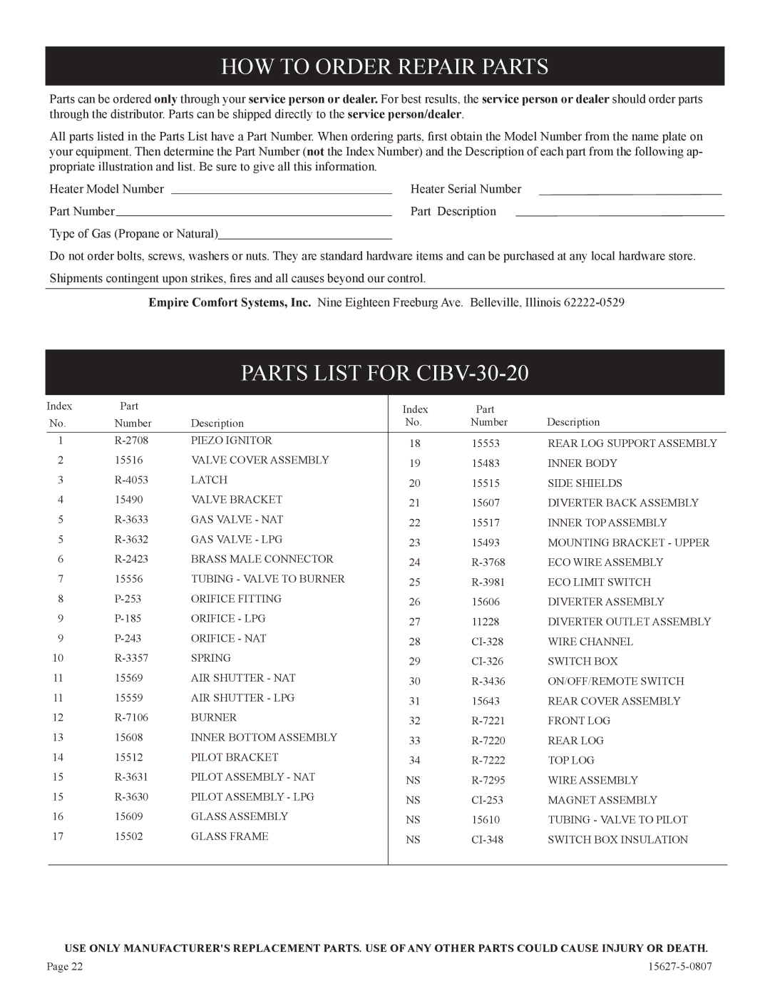 Empire Comfort Systems installation instructions HOW to Order Repair Parts, Parts List for CIBV-30-20 