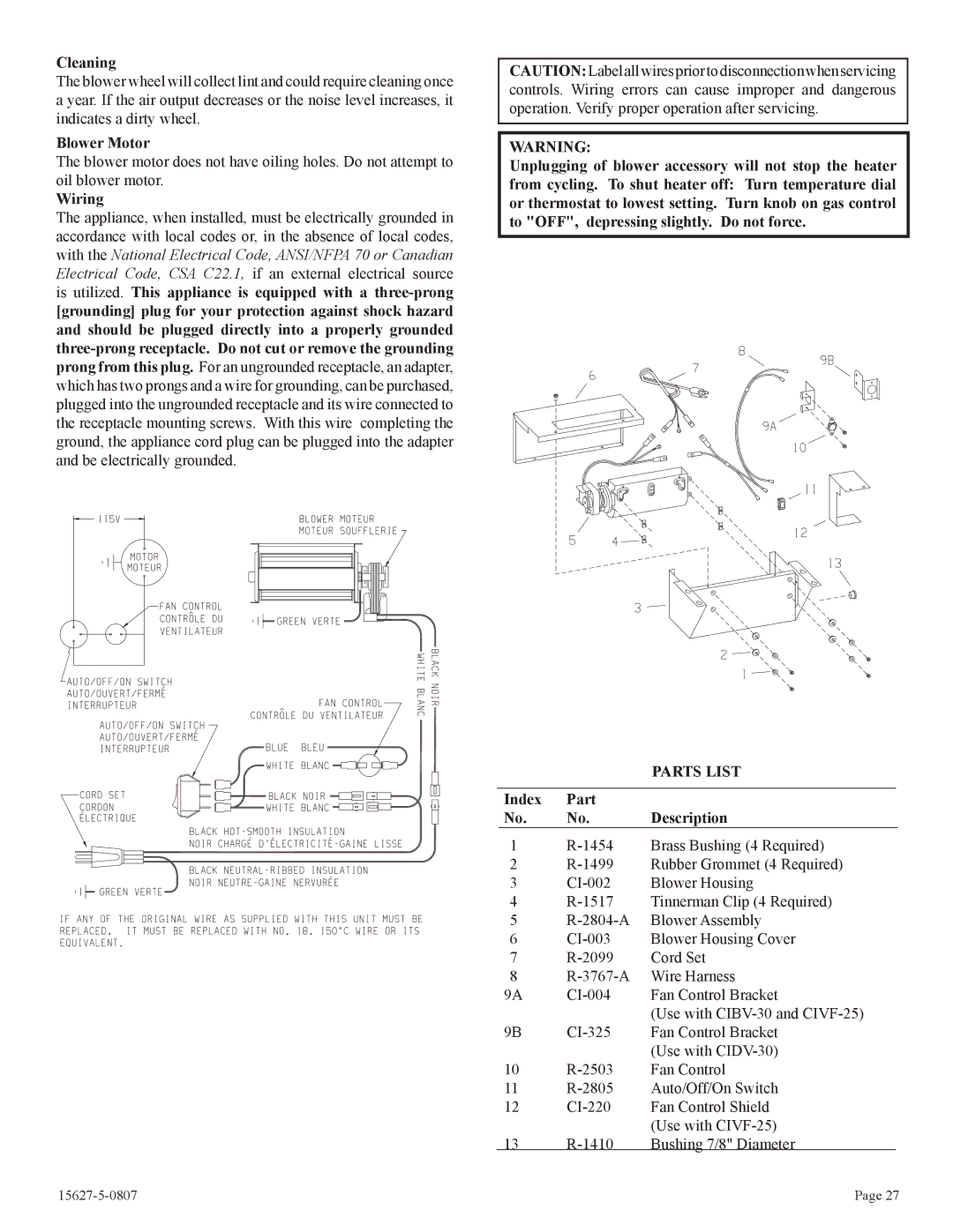 Empire Comfort Systems CIBV-30-20 installation instructions Cleaning, Blower Motor, Wiring, Index Part No. No. Description 