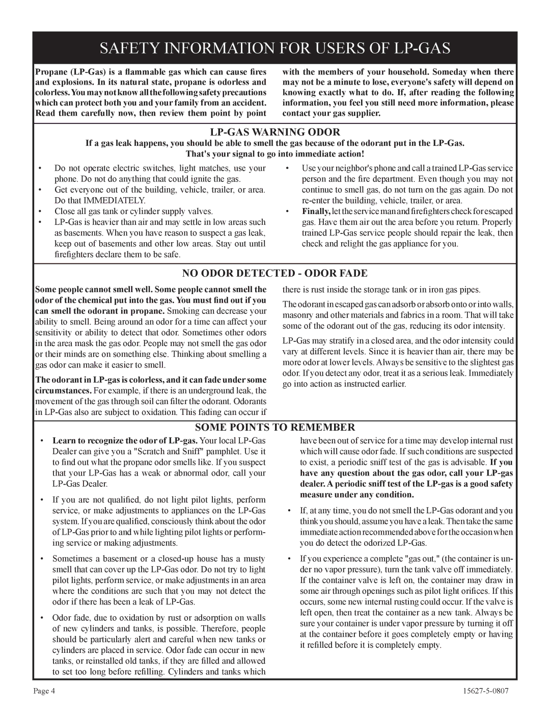 Empire Comfort Systems CIBV-30-20 installation instructions Safety Information for Users of LP-GAS, LP-GAS Warning Odor 