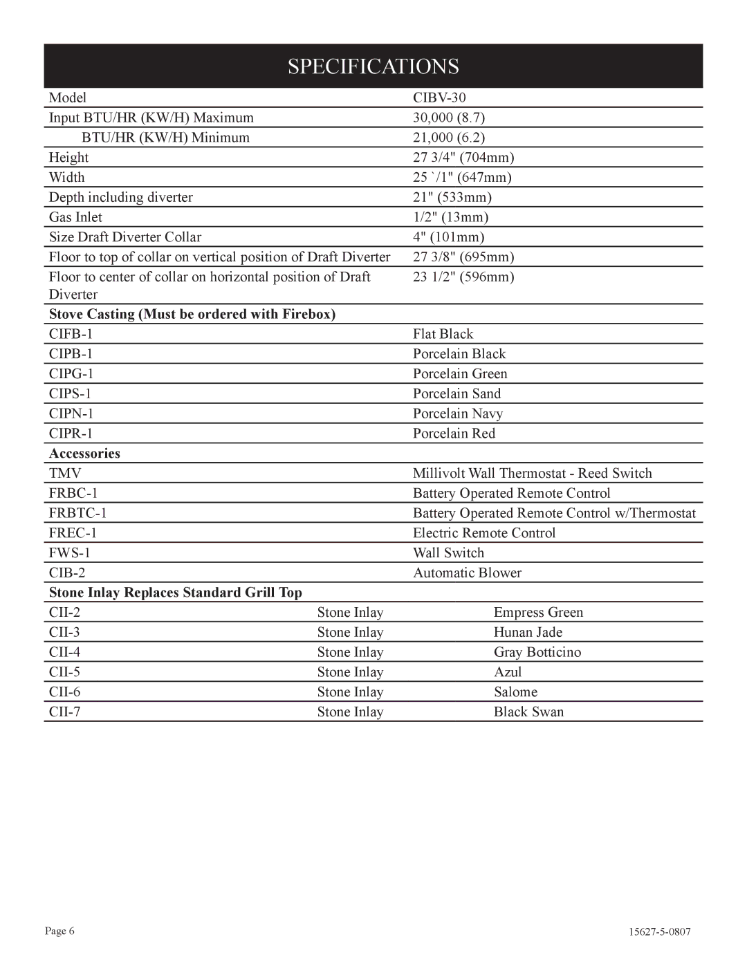 Empire Comfort Systems CIBV-30-20 installation instructions Specifications 