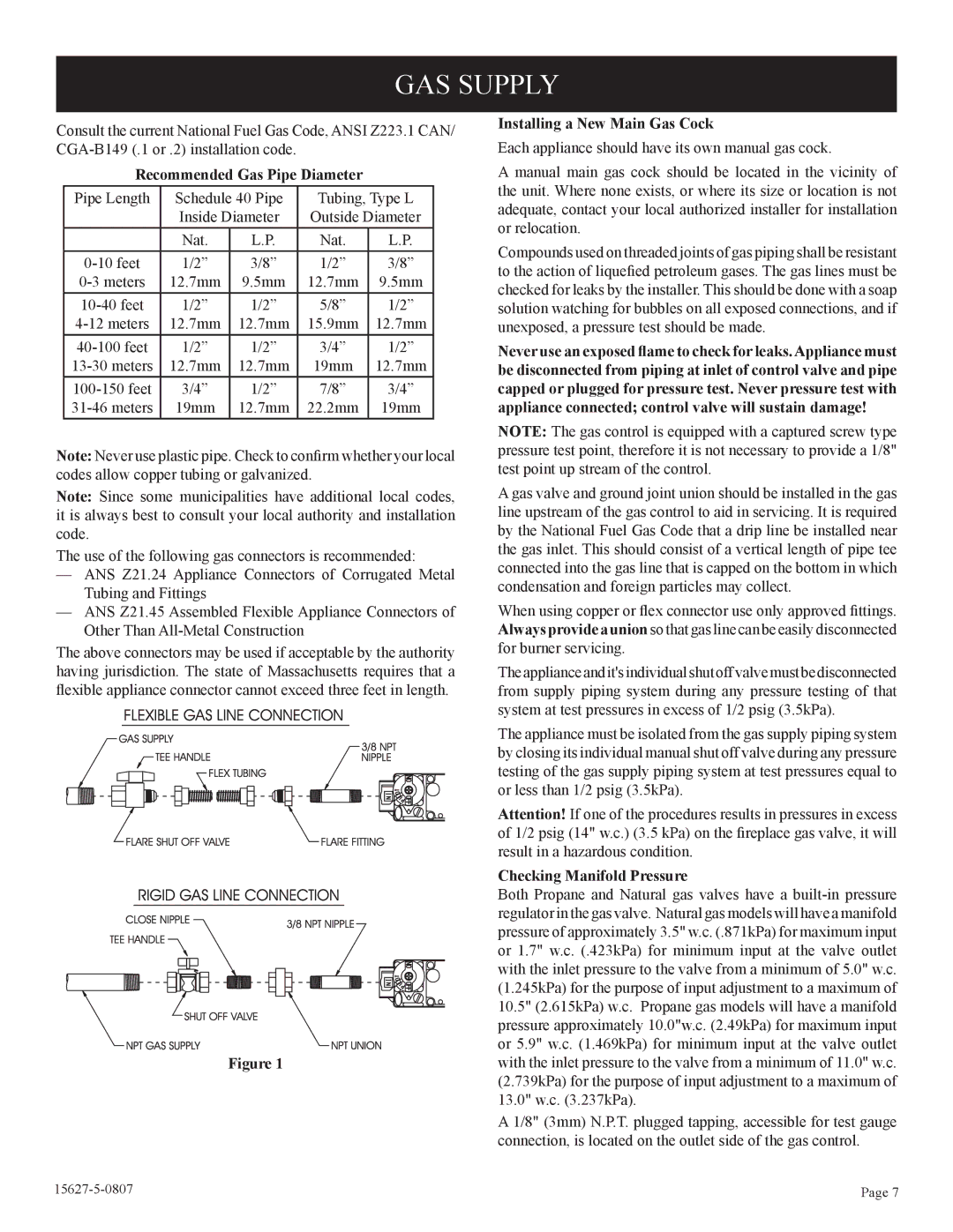 Empire Comfort Systems CIBV-30-20 GAS Supply, Recommended Gas Pipe Diameter, Installing a New Main Gas Cock 