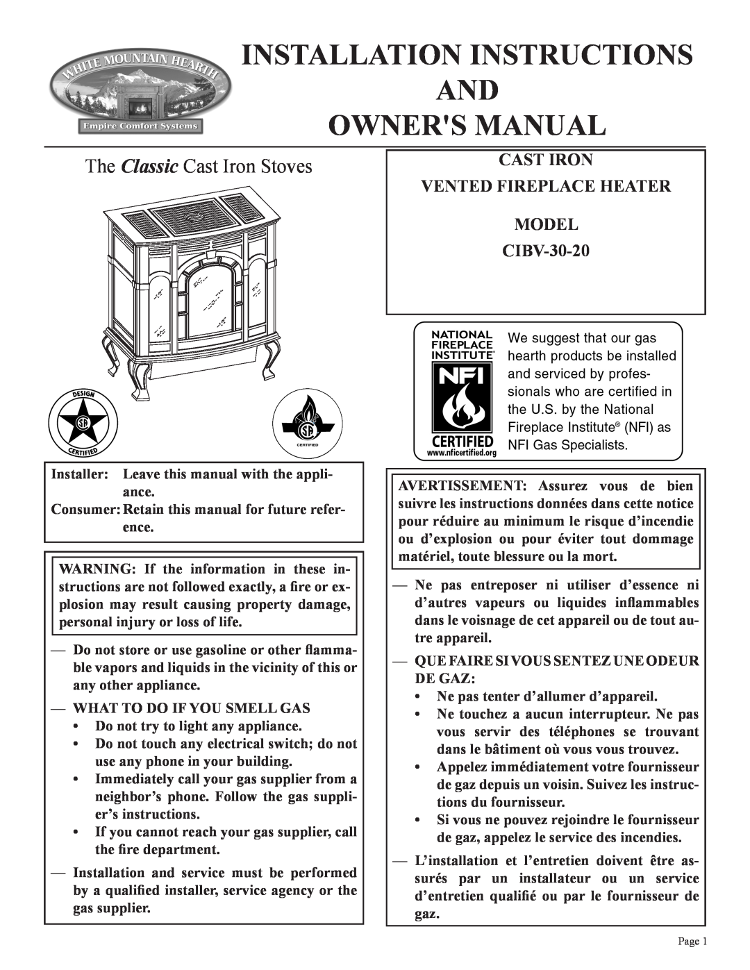 Empire Comfort Systems installation instructions CAST IRON VENTED FIREPLACE HEATER MODEL CIBV-30-20 