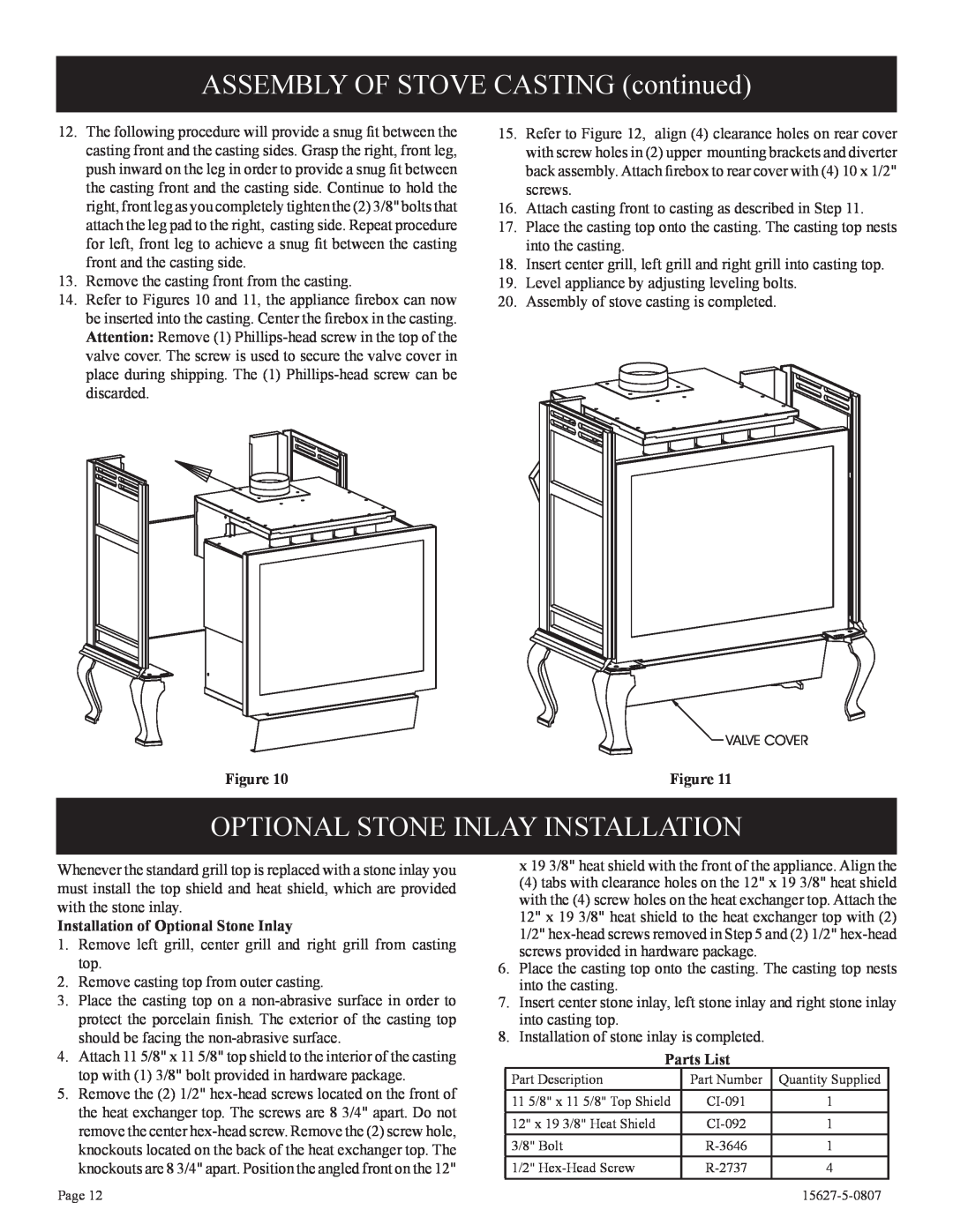 Empire Comfort Systems CIBV-30-20 ASSEMBLY OF STOVE CASTING continued, Optional Stone Inlay Installation, Parts List 