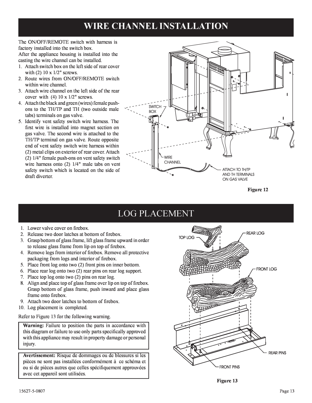 Empire Comfort Systems CIBV-30-20 installation instructions Log Placement, Wire Channel Installation 