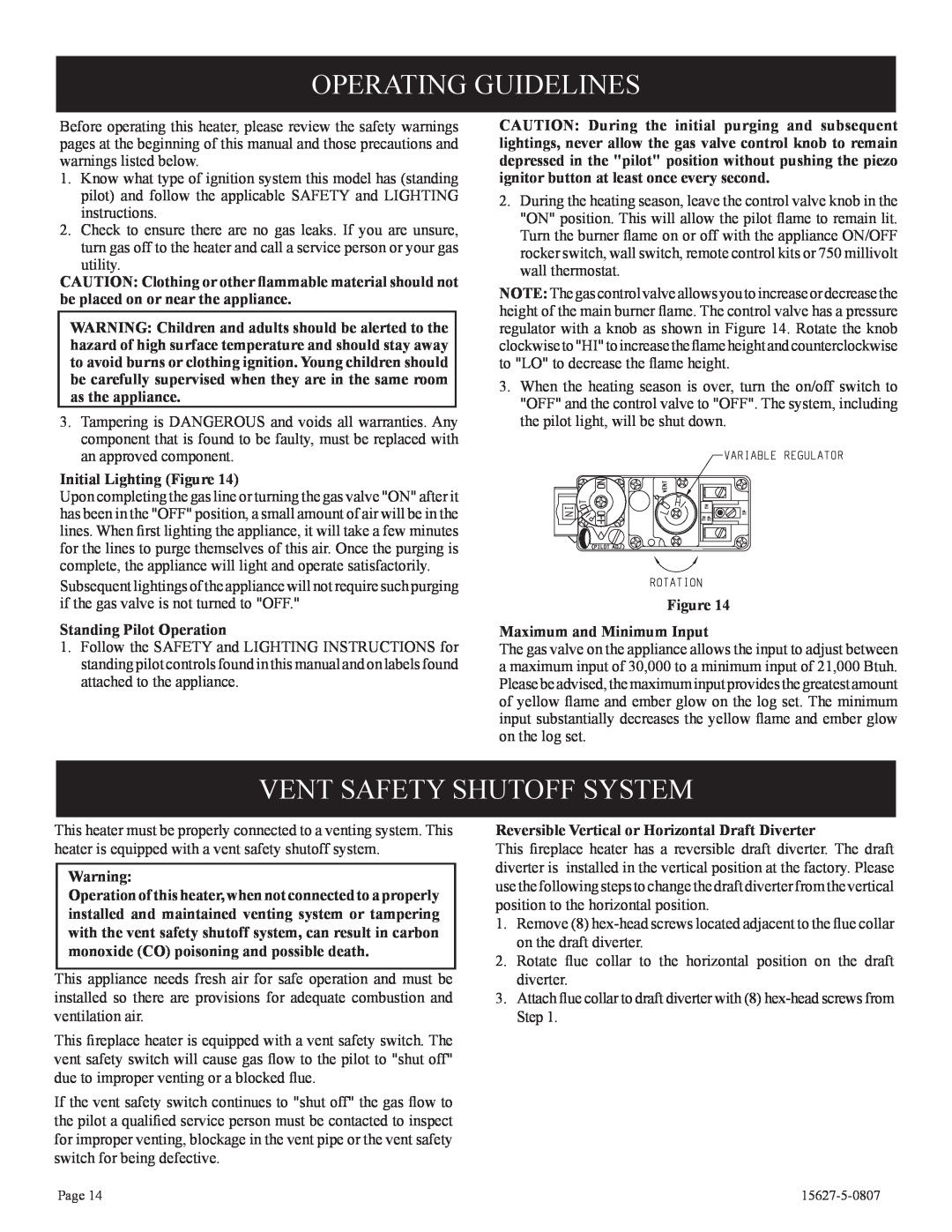 Empire Comfort Systems CIBV-30-20 Operating Guidelines, Vent Safety Shutoff System, Initial Lighting Figure 