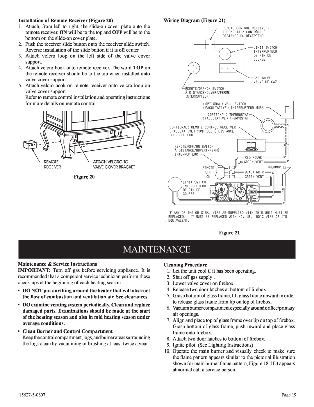 Empire Comfort Systems CIBV-30-20 Maintenance, Installation of Remote Receiver Figure, Wiring Diagram Figure 