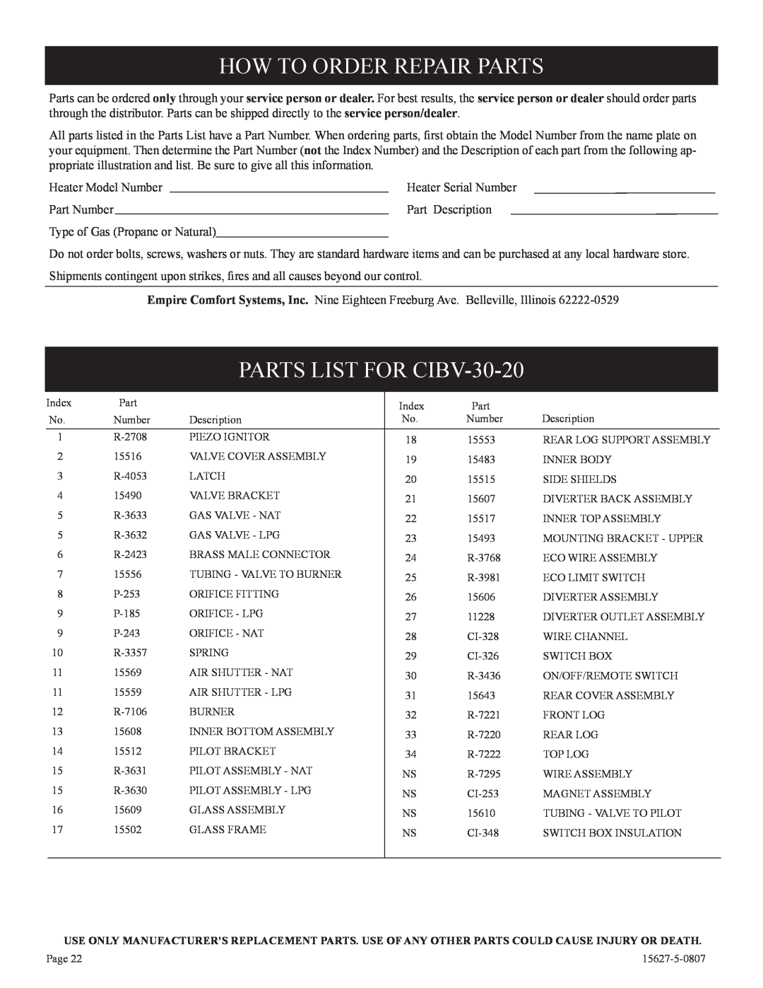 Empire Comfort Systems installation instructions How To Order Repair Parts, PARTS LIST FOR CIBV-30-20 
