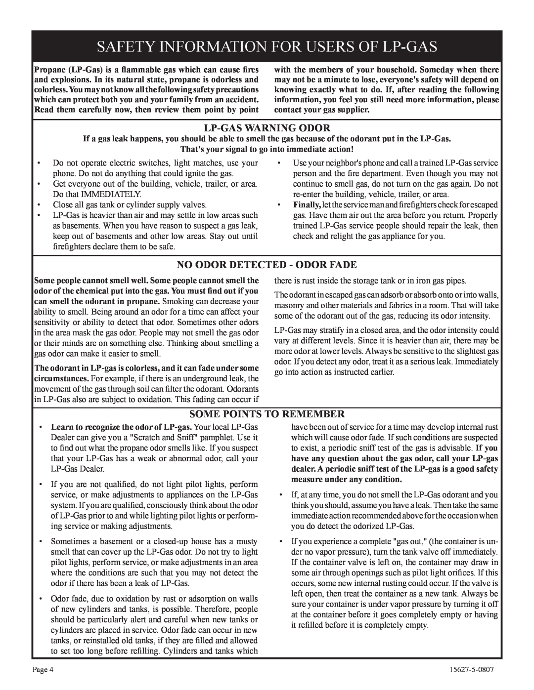 Empire Comfort Systems CIBV-30-20 Safety Information For Users Of Lp-Gas, Lp-Gas Warning Odor, Some Points To Remember 