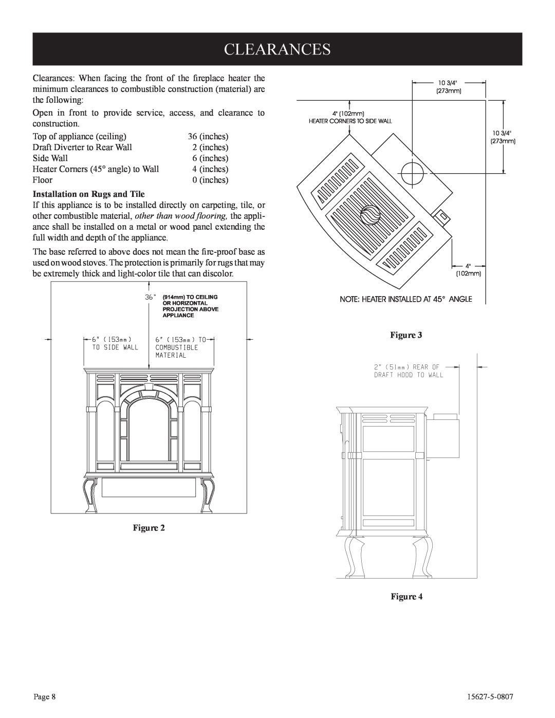 Empire Comfort Systems CIBV-30-20 installation instructions Clearances, Installation on Rugs and Tile 