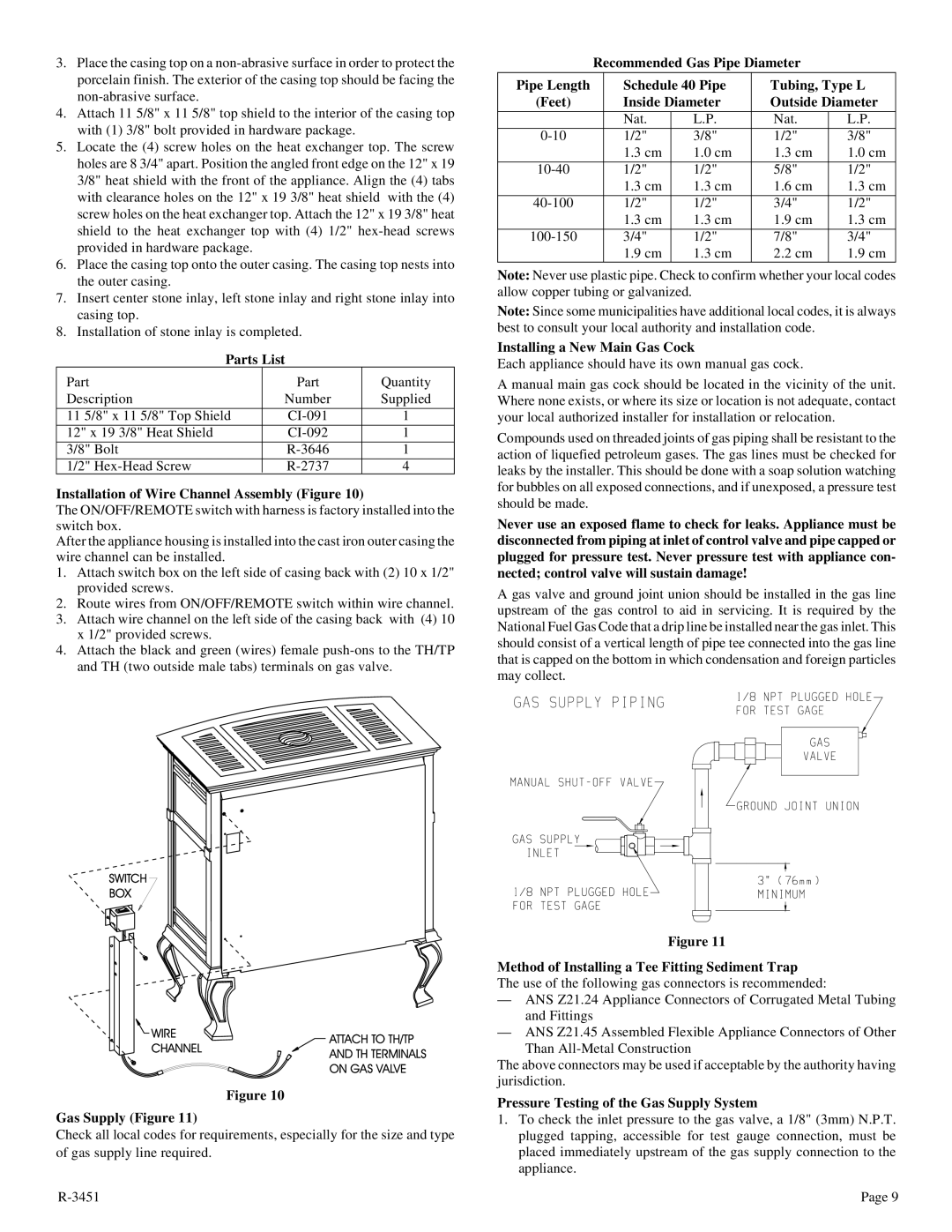 Empire Comfort Systems CIVF-25-2 Parts List, Installation of Wire Channel Assembly Figure, Gas Supply Figure 