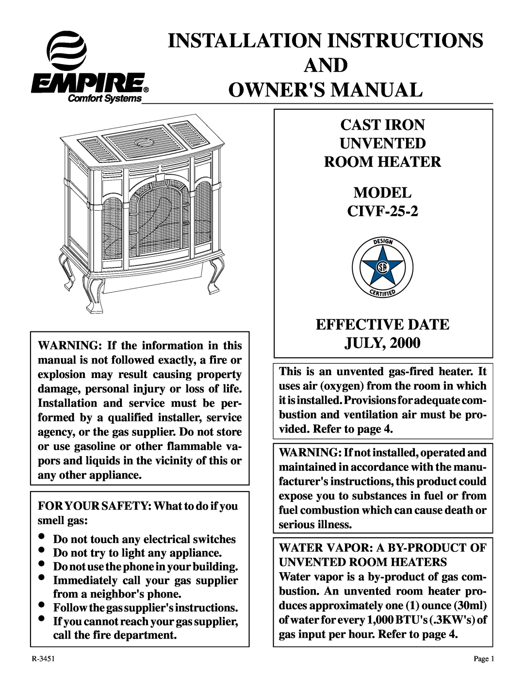Empire Comfort Systems installation instructions CAST IRON UNVENTED ROOM HEATER MODEL CIVF-25-2, Effective Date July 
