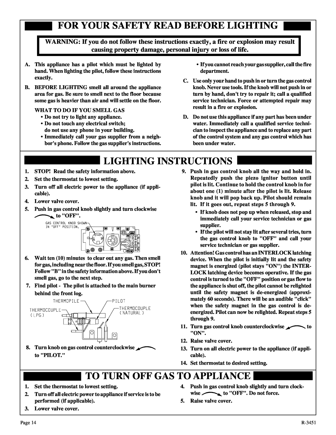 Empire Comfort Systems CIVF-25-2 For Your Safety Read Before Lighting, Lighting Instructions, To Turn Off Gas To Appliance 