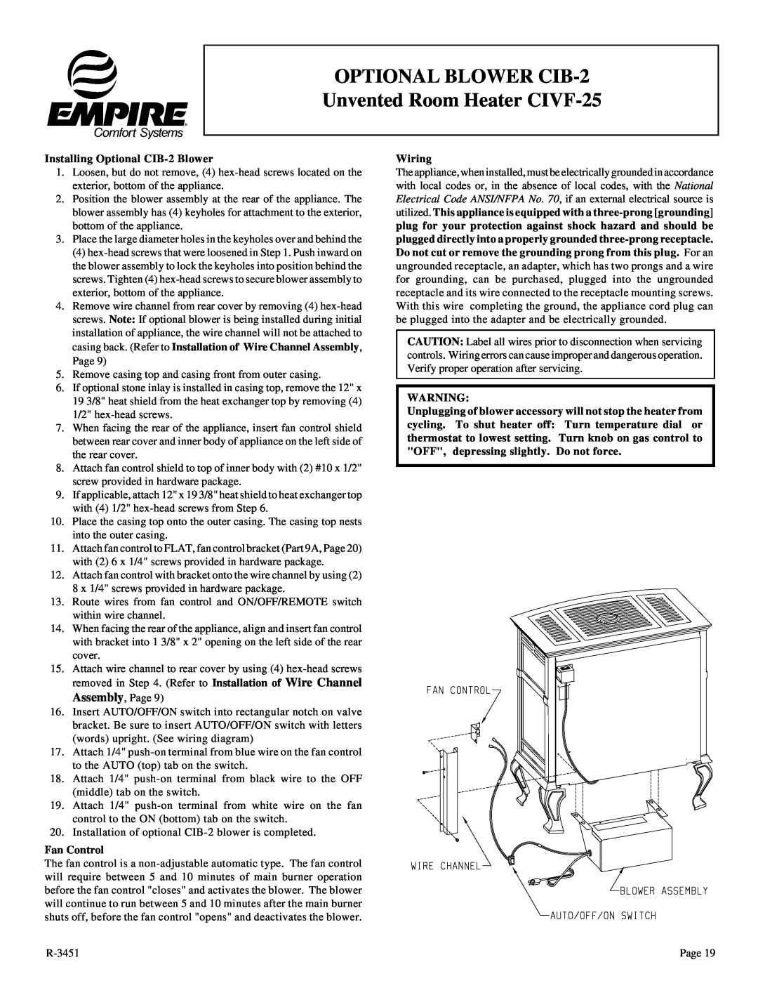 Empire Comfort Systems CIVF-25-2 OPTIONAL BLOWER CIB-2Unvented Room Heater CIVF-25, Installing Optional CIB-2Blower 