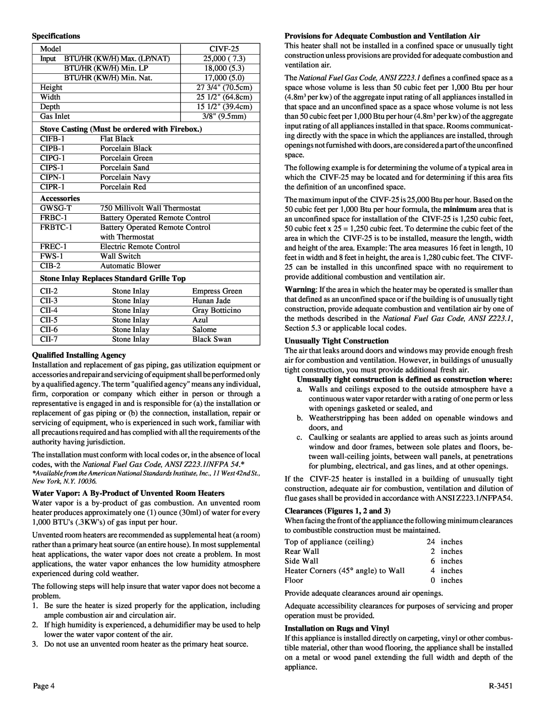 Empire Comfort Systems CIVF-25-2 installation instructions Specifications 