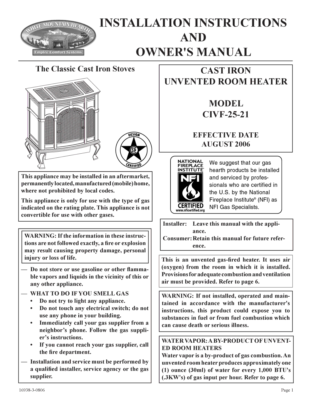 Empire Comfort Systems CIVF-25-21 installation instructions Installation Instructions 